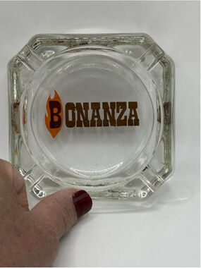 Vintage Bonanza Steak House Restaurant Flaming "B" Clear, Square Glass Ashtray